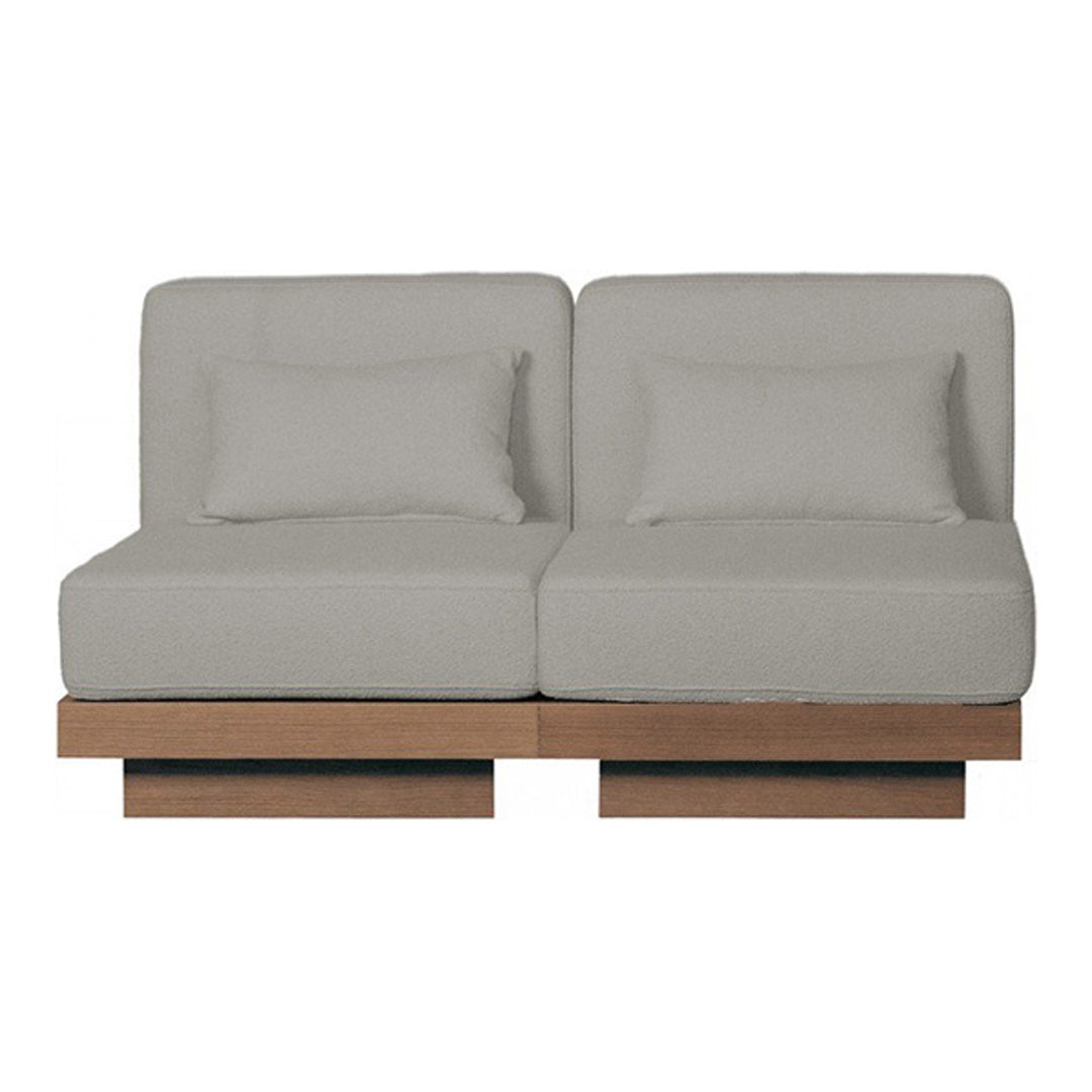 Two-tone gray fabric sofa with clean lines and a minimalist wooden base, featuring a smooth, modern design.