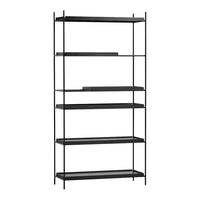 Black metal shelving unit with sleek, minimalist design and five horizontal shelves. Modern industrial style.