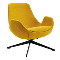 Bright yellow modern armchair with textured upholstery and black metal base, perfect for contemporary decor.