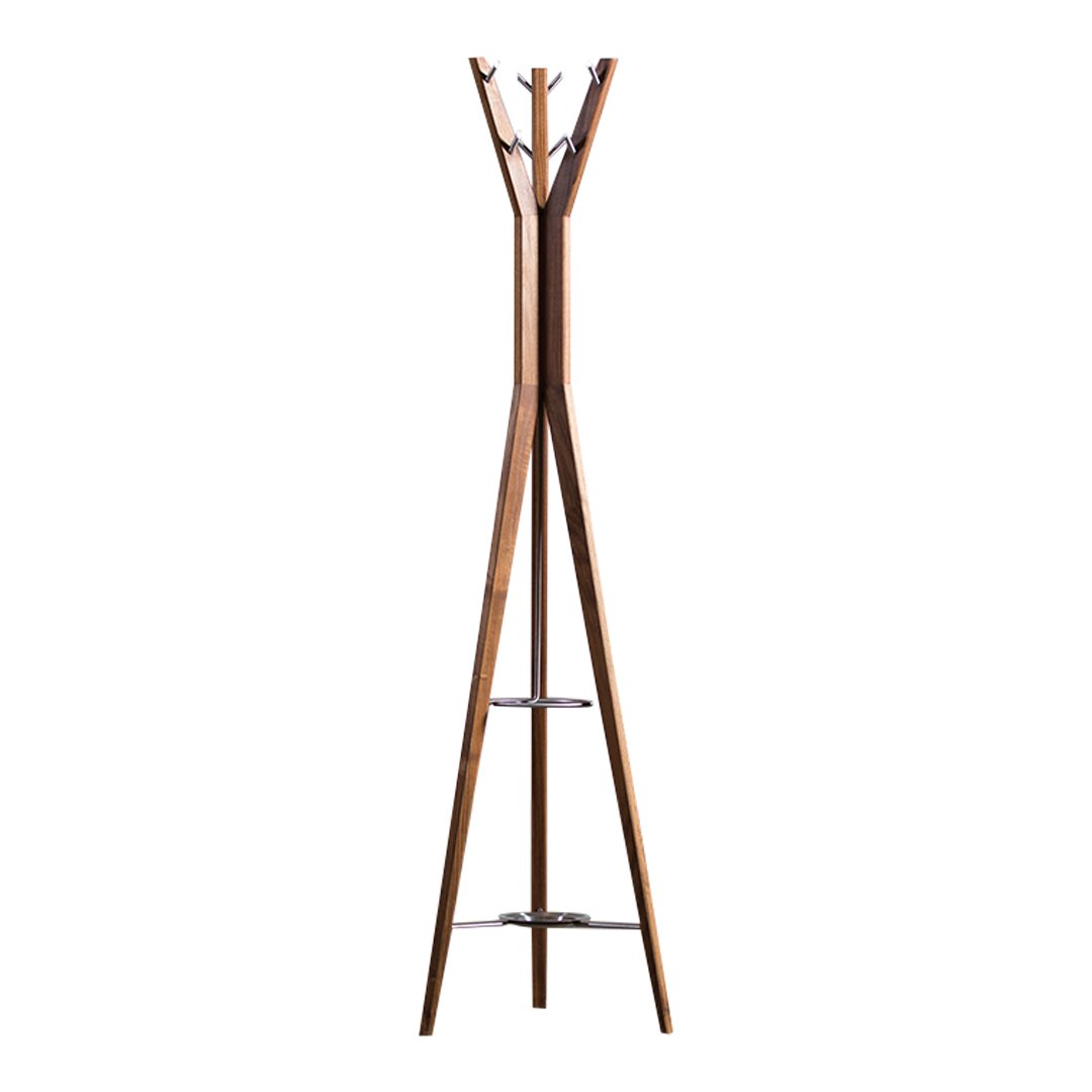 "Natural wood coat rack with a modern design, featuring a warm brown finish and sleek, minimalist lines."
