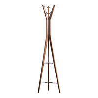 "Natural wood coat rack with a modern design, featuring a warm brown finish and sleek, minimalist lines."