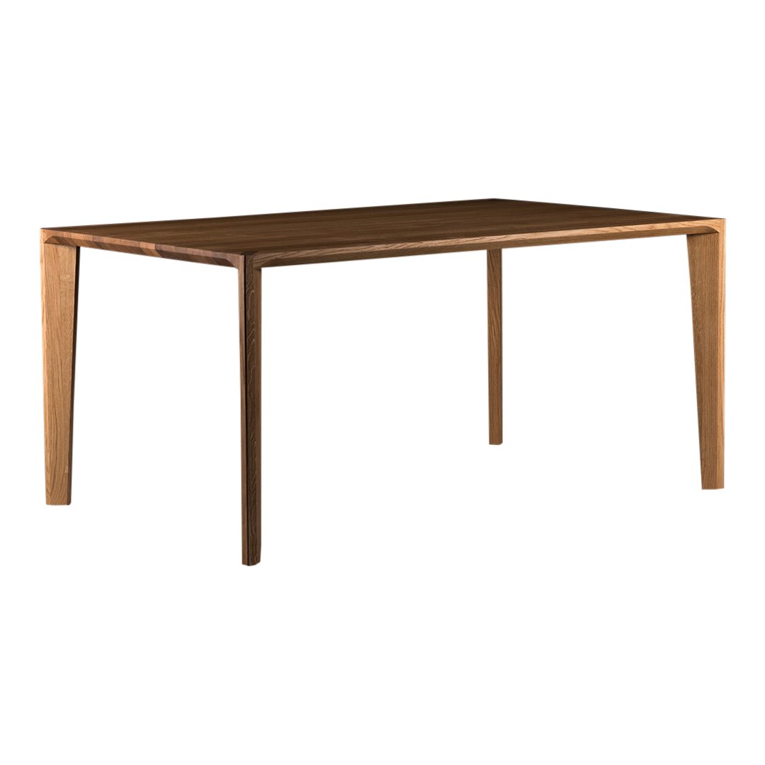 Elegant rectangular wood table in rich brown tones with a smooth, minimalistic finish and sleek legs.