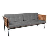 Gray upholstered three-seater sofa with a wooden slat armrest and a sleek black metal frame.