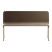 Neutral brown upholstered bench with a smooth, minimalist design and light wooden legs for a modern touch.