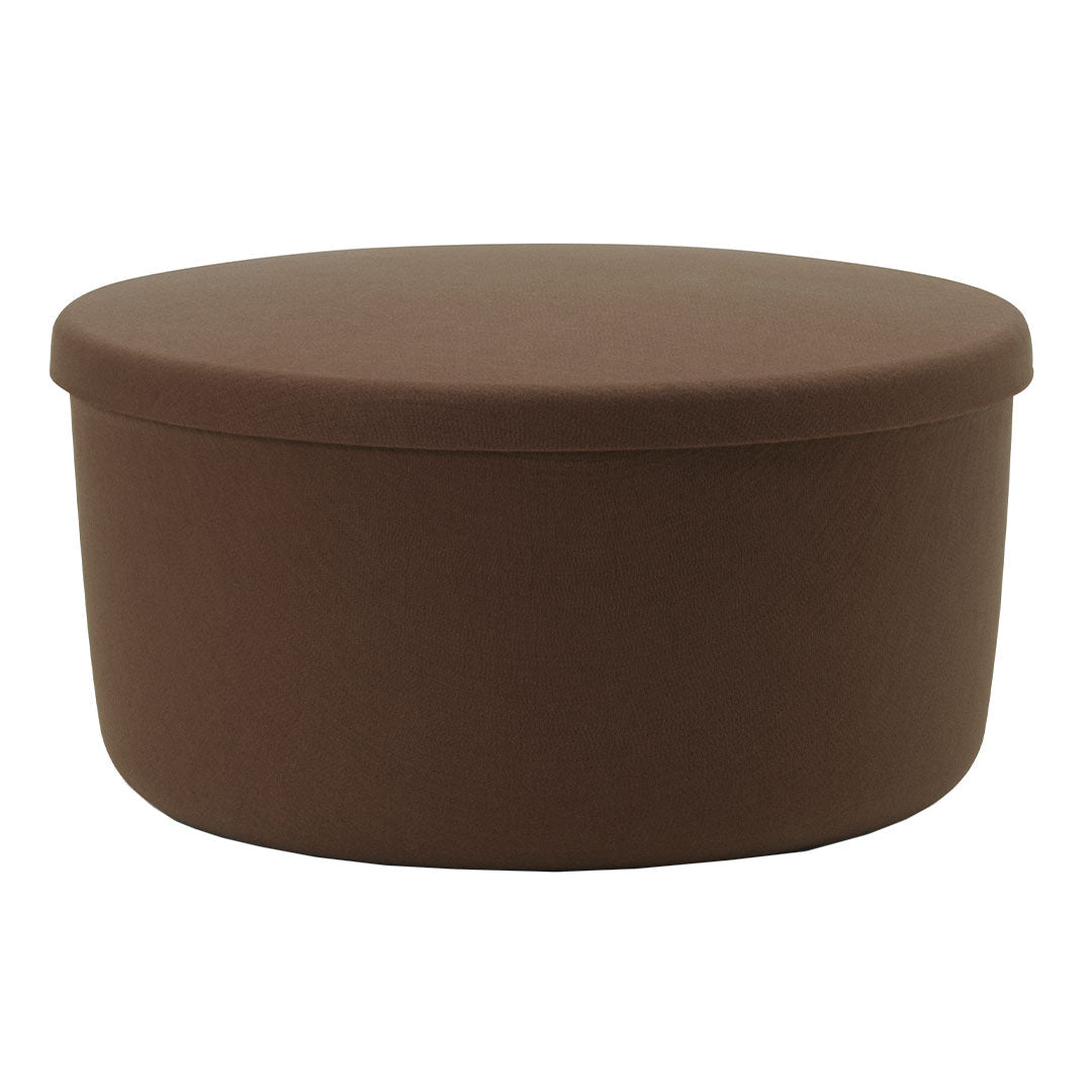 Brown round storage ottoman with a smooth, seamless fabric pattern. Ideal for modern decor and functional storage solutions.