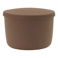 Brown upholstered storage ottoman with a smooth, round shape, perfect for modern decor.