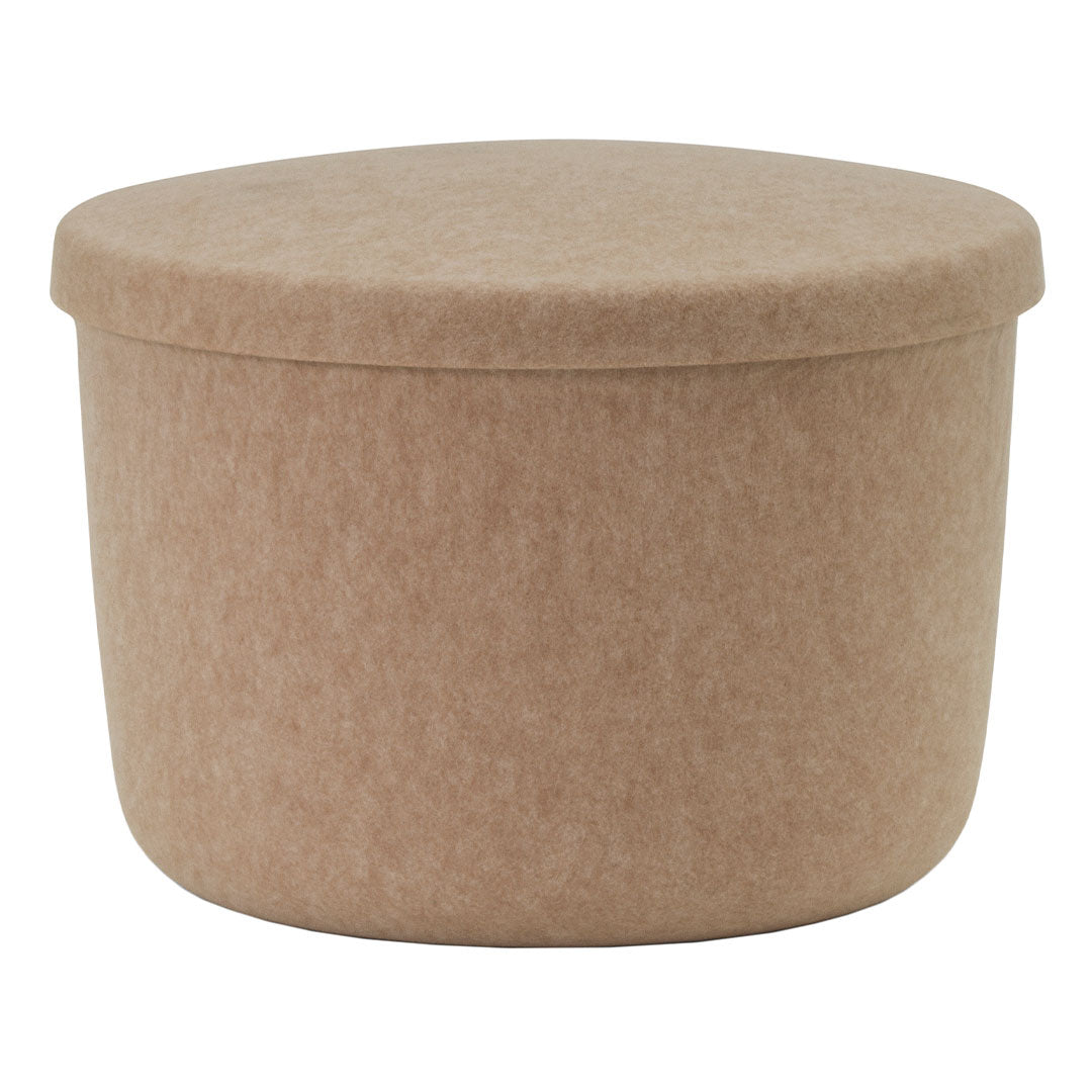 Brown felt storage pot with a smooth, rounded design and a matching lid. Ideal for organizing and decor.