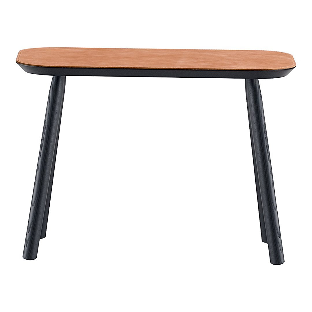 Solid wood top with a warm honey hue and sleek black legs for a modern, stylish contrast.