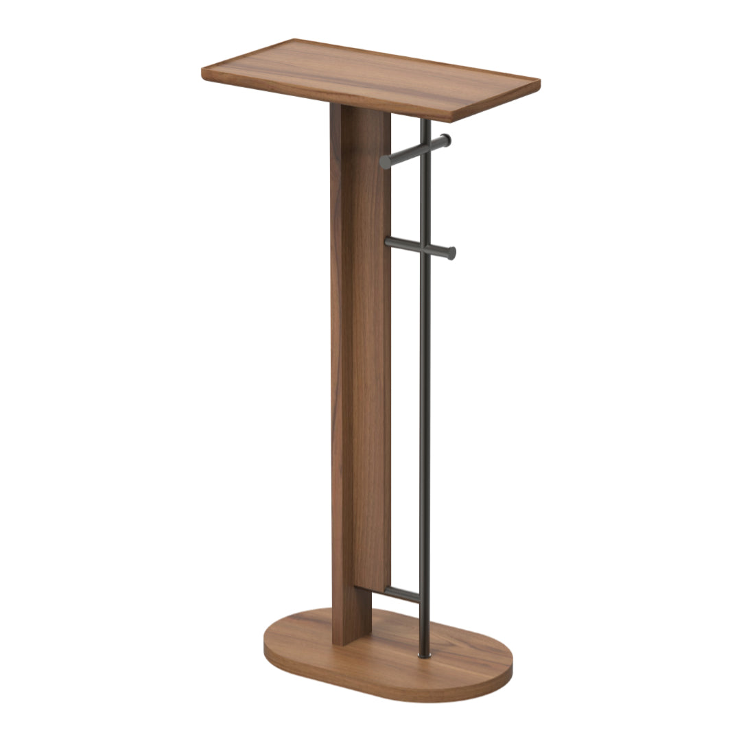 Wooden side table with a rich walnut finish and sleek black metal accents, featuring a minimalist design.
