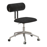 Black suede office chair with a chrome base and simple, modern design. Ideal for minimalist spaces.
