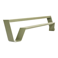 Sleek, modern bench in soft sage green with a minimalist design, featuring smooth, solid surfaces.