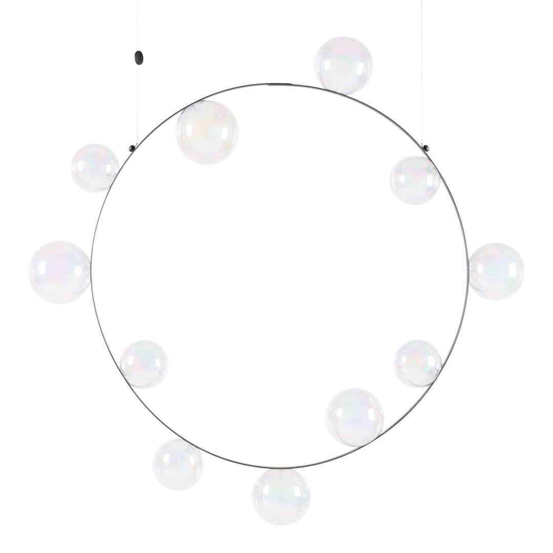 Circular light fixture with iridescent bubbles and a sleek metallic frame, highlighting soft pastel colors.