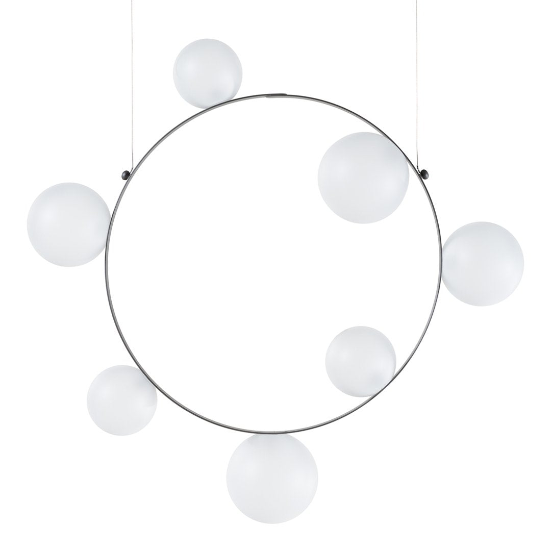 Modern round pendant light featuring a sleek metal frame and eight frosted white glass orbs. Elegant minimalist design.