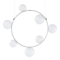 Modern round pendant light featuring a sleek metal frame and eight frosted white glass orbs. Elegant minimalist design.