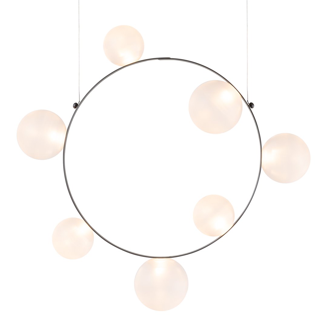 Modern circular pendant light featuring six frosted white glass globes on a sleek black frame.