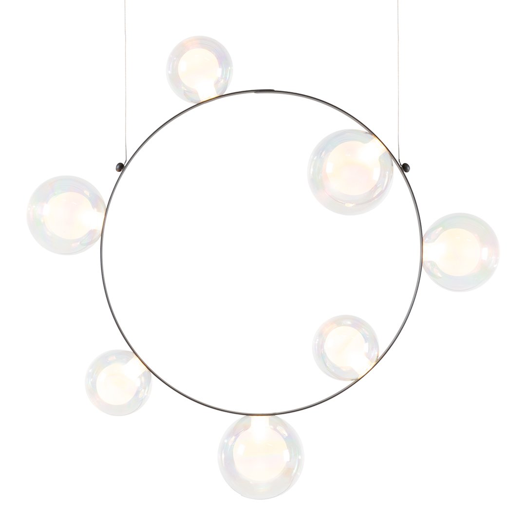 Round black metal pendant light with seven iridescent glass bulbs creating a modern, minimalist aesthetic.