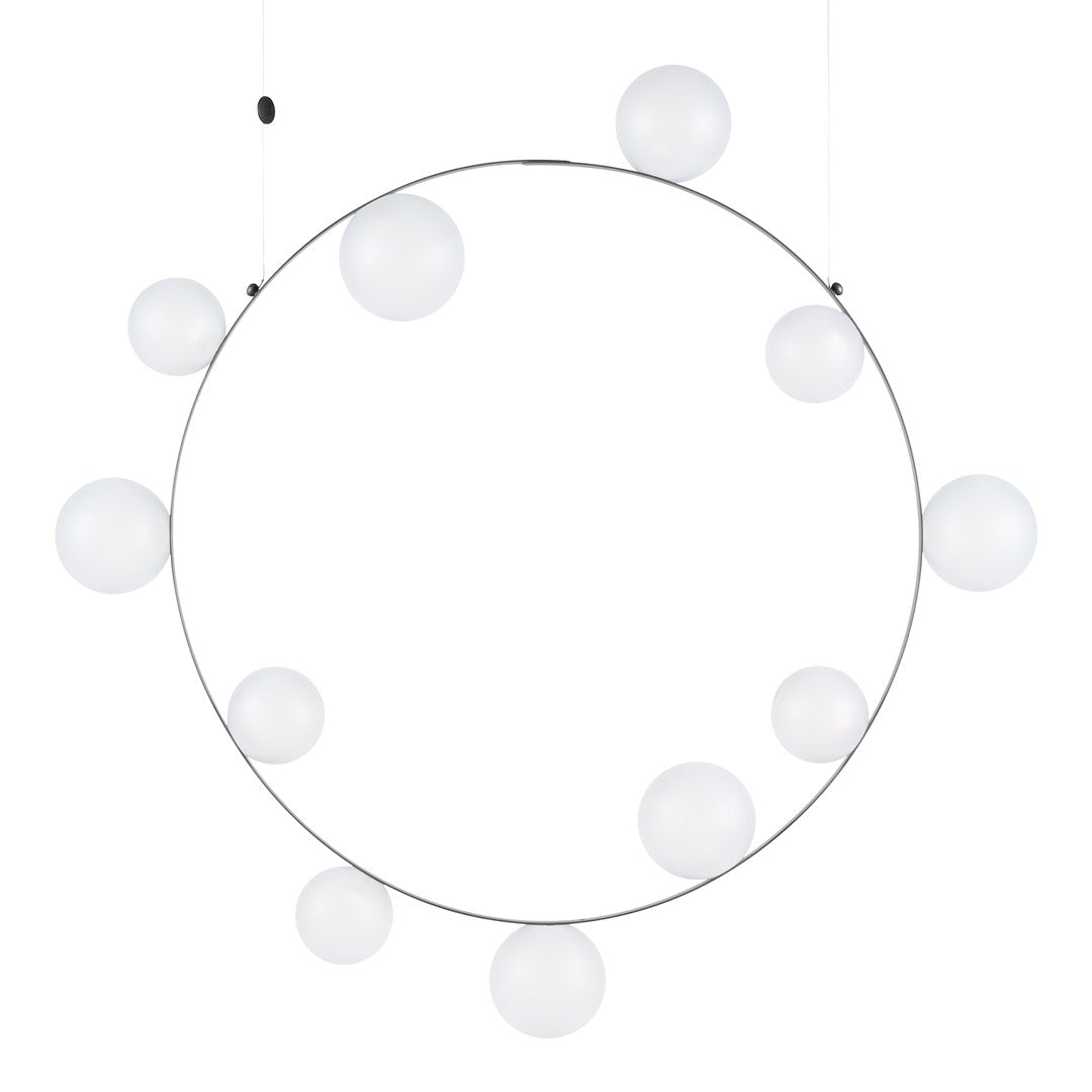 Modern circular light fixture with a sleek silver frame and ten round white glass globes. Elegant and minimalist design.