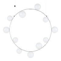 Modern circular light fixture with a sleek silver frame and ten round white glass globes. Elegant and minimalist design.