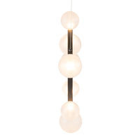 Modern pendant light featuring six frosted white glass spheres on a sleek black rod. Elegant and minimalist design.