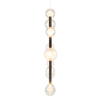 Modern pendant light featuring clear glass orbs balanced on a sleek black rod, offering a minimalist aesthetic.