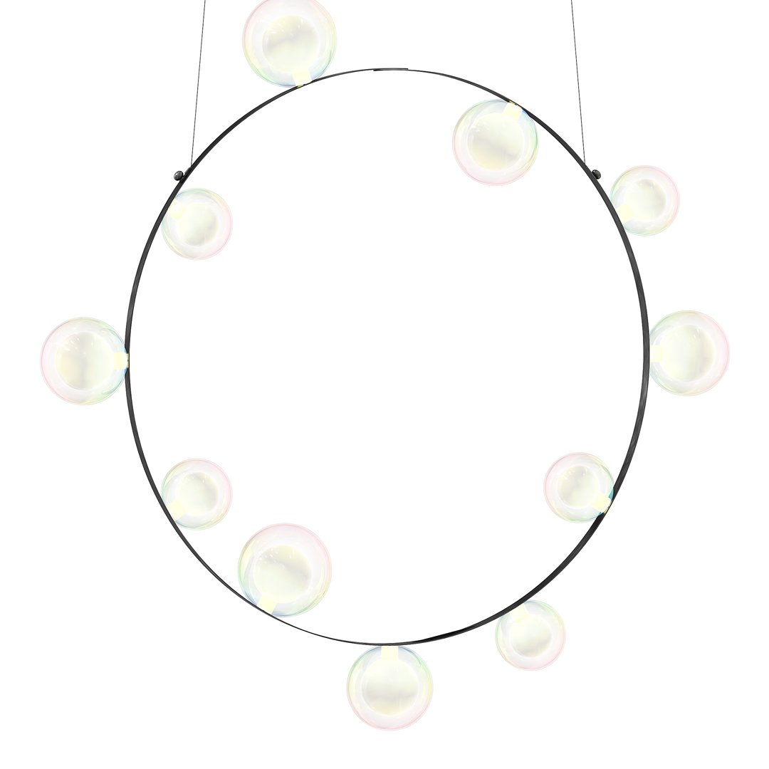 Circular black pendant light with soft pastel-colored bubbles, creating a whimsical and airy aesthetic.