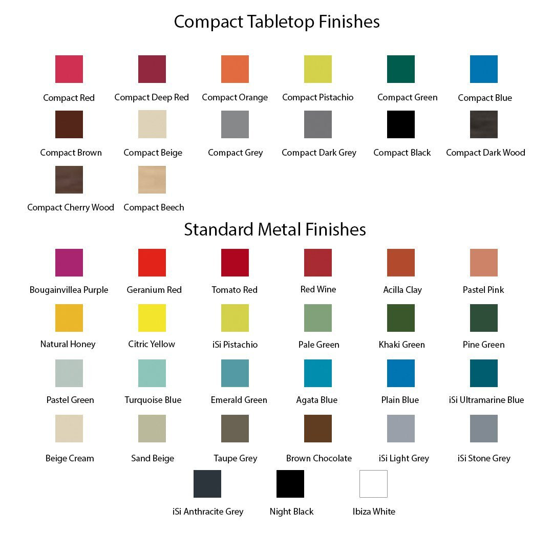 Color swatches for compact tabletops and standard metal finishes, featuring vibrant hues and varied patterns.