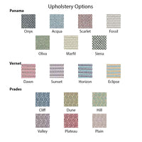 "Colorful upholstery swatches featuring patterns in Onyx, Acqua, Scarlet, Fossil, and more."