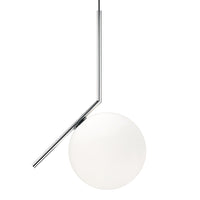 Sleek chrome pendant light with a smooth, white spherical shade, featuring minimalist design and modern elegance.