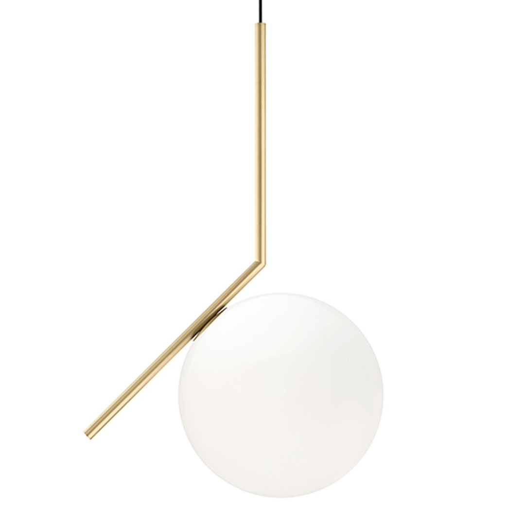 Modern gold pendant light with a smooth white glass sphere, ideal for minimalist decor.