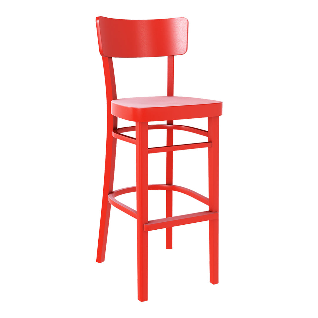 Bright red bar stool with a simple and sleek design, perfect for modern spaces.