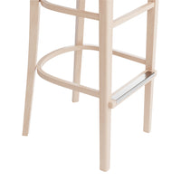 Light wood bar stool with minimalist design and clean lines, featuring a natural finish and silver footrest detail.