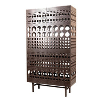 Brown cabinet with a modern perforated pattern featuring varying circle cutouts in a sleek design.