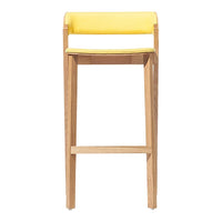 Bar stool with a natural wood frame and bright yellow upholstered seat. Simple and modern design, perfect for any space.