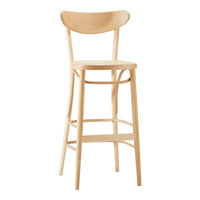 Light natural wood bar stool with a smooth finish and minimalist design, showcasing a simple, curved backrest.