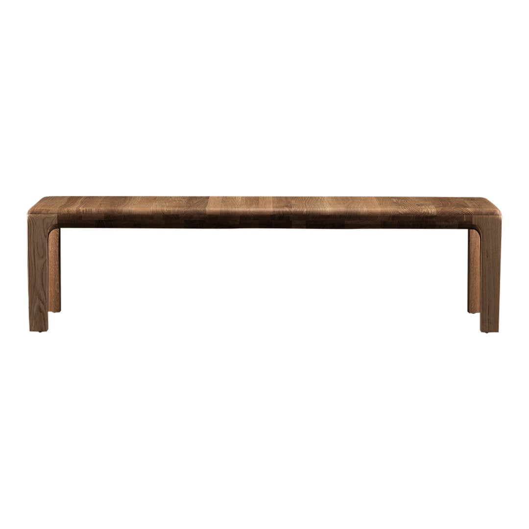 Solid wood bench featuring a rich walnut finish with subtle grain patterns for a warm, rustic appeal.