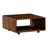 Dark wooden coffee table with a minimalist design and natural grain patterns, featuring a hollow space for storage.