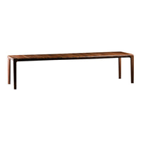 Walnut wood console table with a sleek, smooth surface and minimalist design; rich brown tones showcase natural grain patterns.