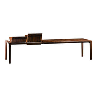 Elegant wooden table featuring rich brown tones and a sleek, modern design with slatted surfaces. Perfect for any decor.