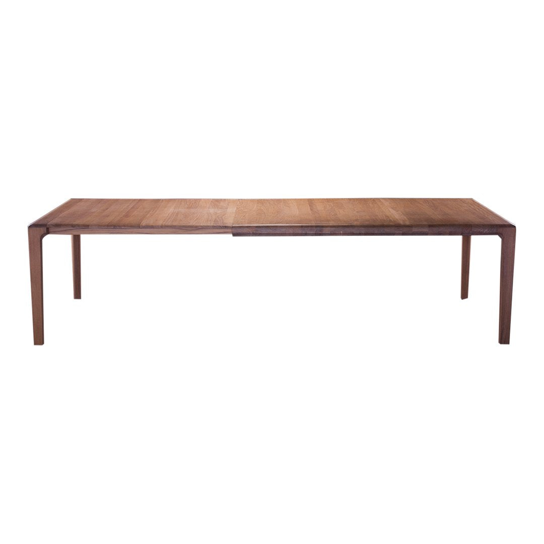 Wooden dining table with a natural finish, showcasing rich brown tones and a sleek, minimalist design.