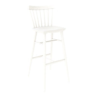 White wooden bar stool with a sleek, minimalist design and vertical slat backrest. Ideal for modern spaces.