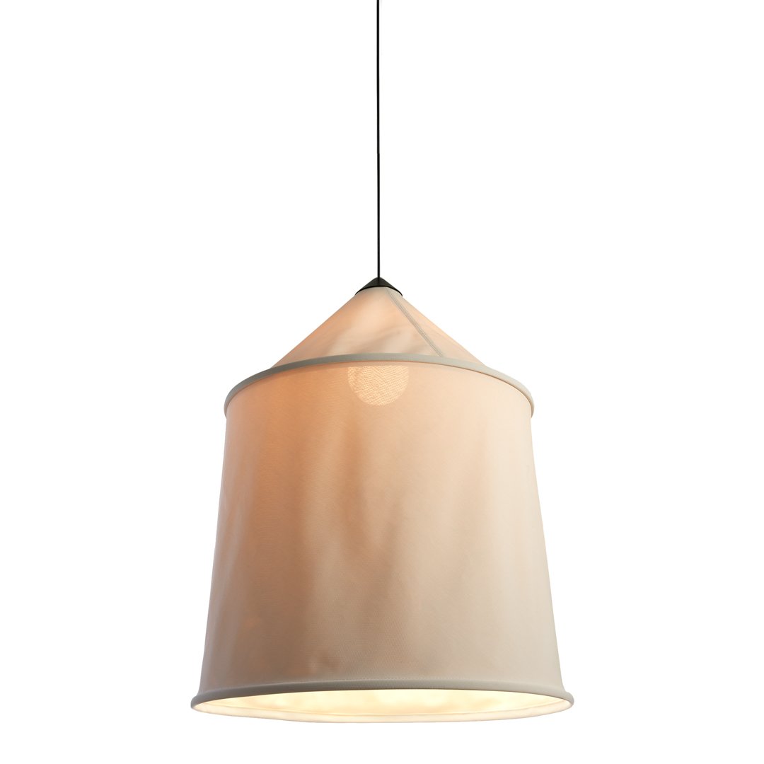 Beige pendant lamp with a unique cone shape and subtle texture, perfect for modern home decor.