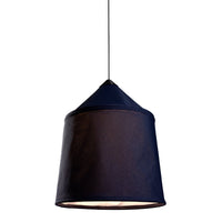 Black fabric pendant lamp with a cone-shaped design, perfect for modern decor.