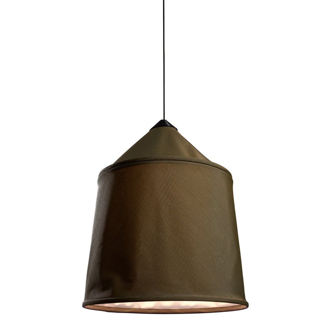 Olive green pendant lamp with a smooth, minimalist design and a sleek tapered shape. Perfect for modern interiors.