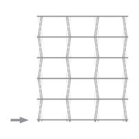 Minimalist gray shelving unit with a geometric pattern, featuring open lines and a modern design.