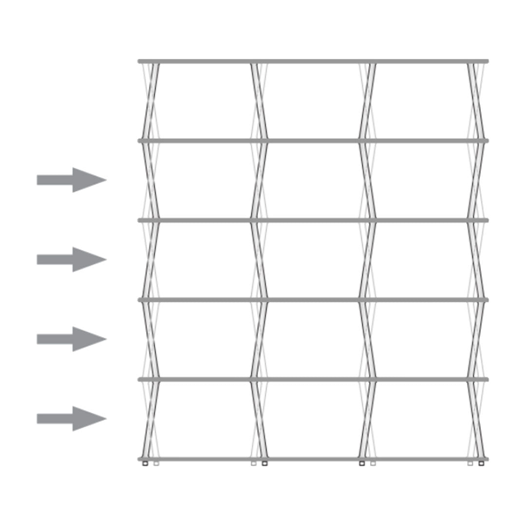 White minimalist shelving unit with a geometric pattern of diagonal lines and six open shelves. Ideal for modern spaces.
