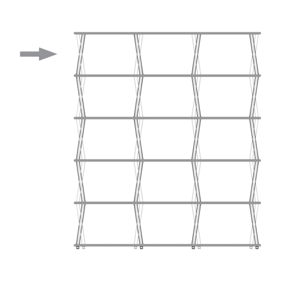 "White geometric shelving unit with clean lines and a modern design, featuring alternating solid and open sections."