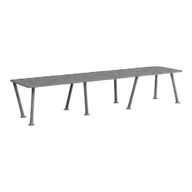 Gray wooden bench with a sleek, minimalist design and sturdy metal legs. Perfect for modern outdoor settings.