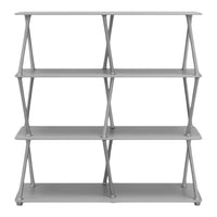 Gray minimalist shelving unit with a sleek, contemporary design and open geometric patterns.