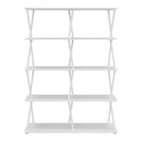 White shelving unit with a minimalist design featuring open space and geometric patterns. Perfect for modern decor.