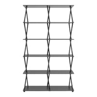Modern black bookshelf with geometric cross pattern and sleek lines, perfect for stylish organization.